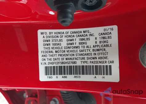 2016 Honda Civic Lx z USA, uszkodzony, nr VIN 2HGFC2F58GH527680